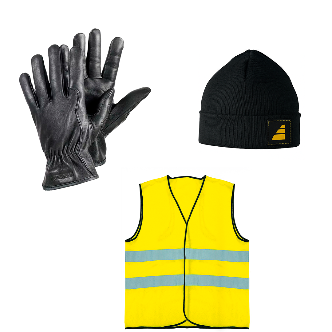 Pipo, käsineet ja huomioliivi